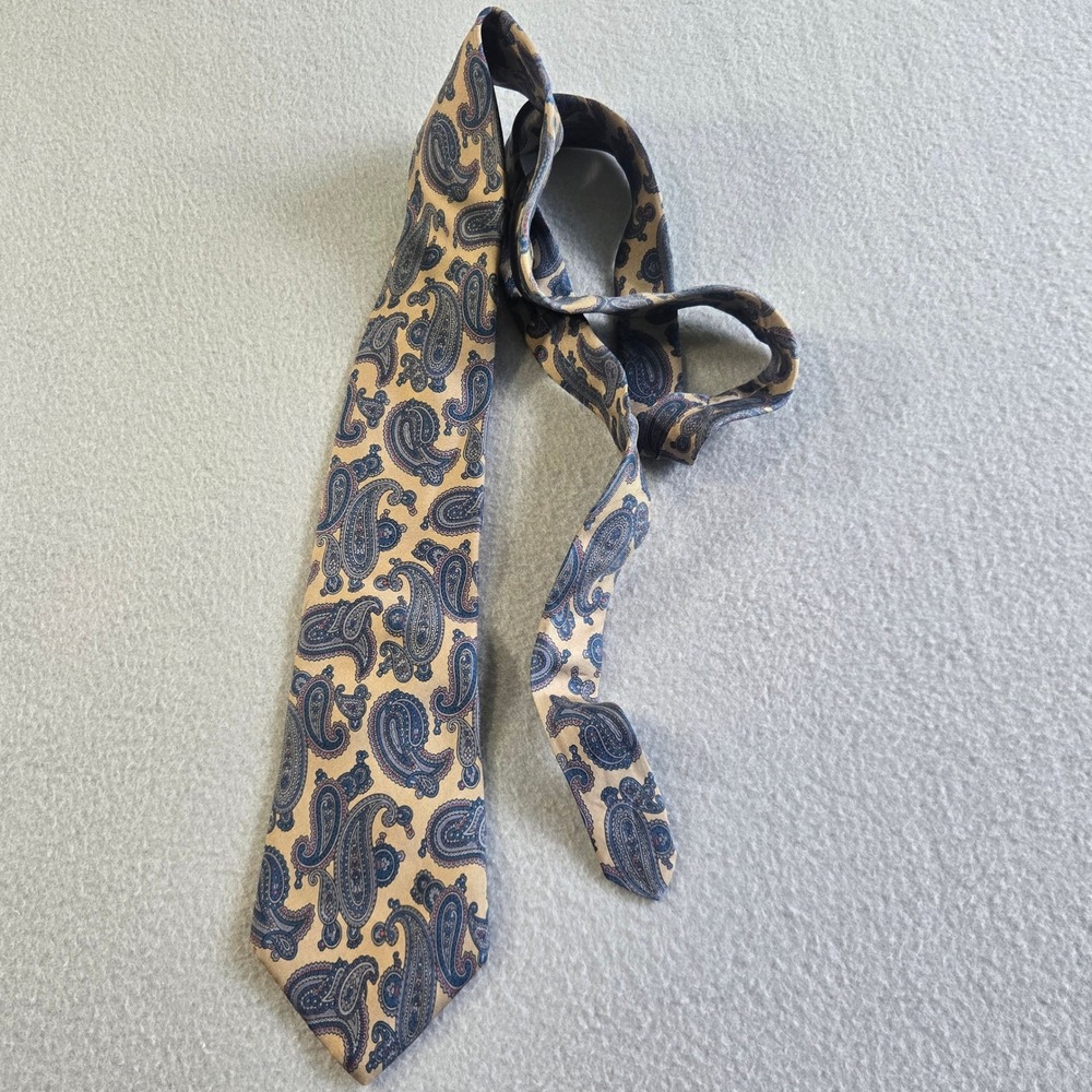 Don Loper Necktie Mens OS Tan Blue Paisley 100% Italian Silk Made in USA Vintage